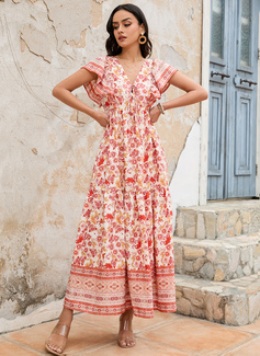 V-hals Kortermer Ferie A-line kjole Polyester Midi Motekjoler 