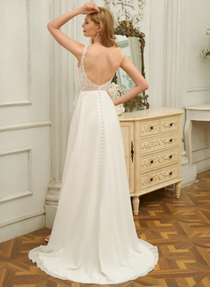 A-line kjole V-hals Sweep/Børste train Blonder Chiffon Brudekjole 