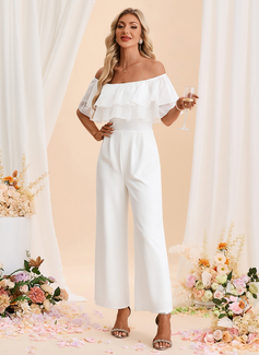 Off the Shoulder Short Sleeve Organza Stretch Crepe Maxi Jumpsuits 