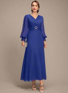 A-line V-Neck Ankle-Length Chiffon Mother of the Bride Dress With Crystal Brooch Pleated 