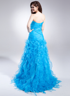 A-Line/Princess Strapless Sweep Train Organza Prom Dresses With Split Front Cascading Ruffles 