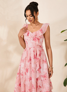 Cascading Ruffles Floral Print Sweetheart Flutter Sleeve A-line Chiffon Midi Dress 