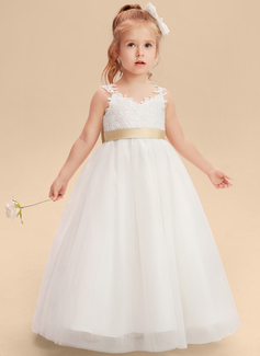 A-line kjole V-hals Gulvlengde Tyll Blonder Brudepikekjole barn med Sløyfe 