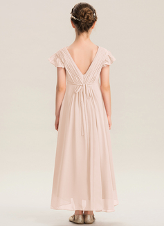 A-Linien-Kleid V-Ausschnitt Vokuhila Chiffon Kleider für junge Brautjungfern mit Schleife Kaskaden-Rüschen 