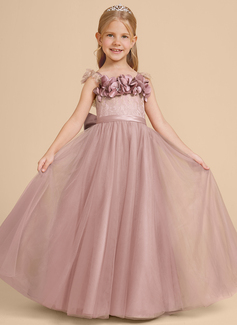 A-line kjole Firkantet hals Gulvlengde Blonder Tyll Brudepikekjole barn med Profilering 3D-blomster 