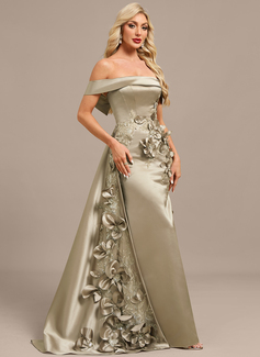 Sheath/Column Off the Shoulder Detachable Floor-Length Satin Evening Dress With Beading Overskirt 3D Floral Sequins Appliques Lace 
