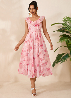 Cascading Ruffles Floral Print Sweetheart Flutter Sleeve A-line Chiffon Midi Dress 