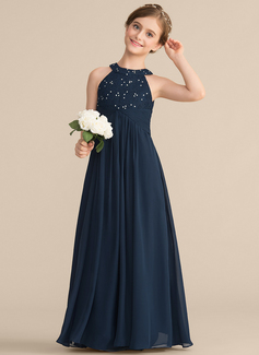 A-line Halter Floor-Length Chiffon Lace Junior Bridesmaid Dress With Beading 