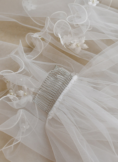 Pearl Floral Scalloped Edge Two Tier Bridal Fingertip Length 39" Wedding Veils With Blusher 