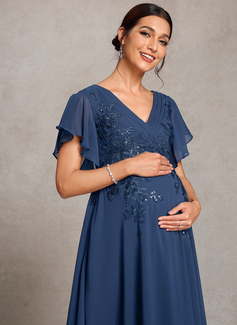A-line V-Neck Floor-Length Lace Chiffon Maternity Dresses With Sequins Pleated 