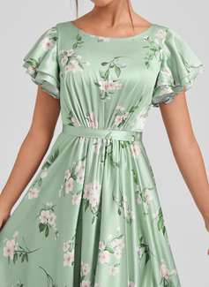 A-line Scoop Floor-Length Matte Satin Bridesmaid Dress With Ruffle 