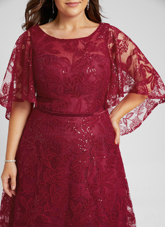 A-Linien-Kleid Rundhals Bodenlang Pailletten Spitze Abendkleid mit Cape-Ärmel 