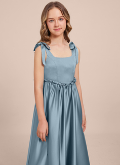 A-line Square Floor-Length Matte Satin Junior Bridesmaid Dress 