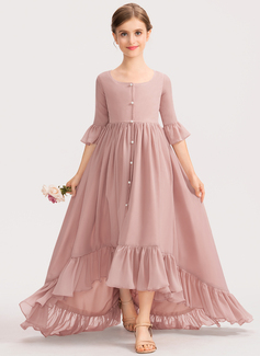 A-line Scoop Asymmetrical Chiffon Junior Bridesmaid Dress With Bow Cascading Ruffles 