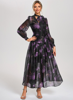 A-line V-Neck Ankle-Length Chiffon Jersey Cocktail Dress With Floral Print 