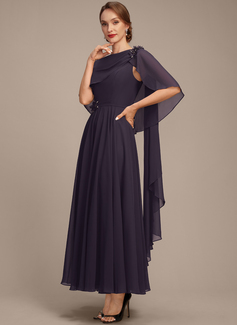 A-line Boat Neck Ankle-Length Chiffon Mother of the Bride Dress With Beading Cape 3D Floral Pleated 