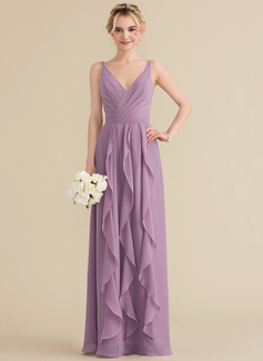 A-formet V-hals Gulvlengde Chiffong Brudepikekjole med Brusende Volanger 