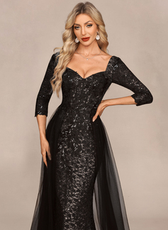 Trumpet/Mermaid V-Neck Detachable Sweep Train Tulle Lace Evening Dress With Sequins Overskirt 