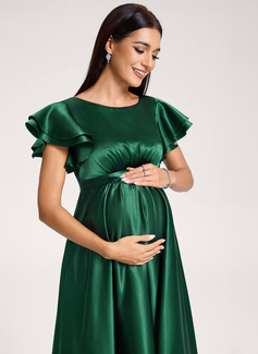 A-line Scoop Floor-Length Stretch Satin Maternity Dresses With Ruffle 