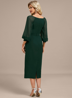 Sheath/Column V-Neck Tea-Length Chiffon Evening Dress With Pleated 