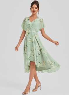 A-line V-Neck Asymmetrical Chiffon Bridesmaid Dress With Ruffle 