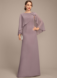 A-line Boat Neck Floor-Length Chiffon Mother of the Bride Dress With Beading Cape Sequins Pleated Bow 