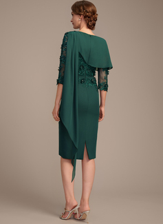 Sheath/Column Scoop Knee-Length Chiffon Lace Mother of the Bride Dress With Beading Cape 3D Floral 