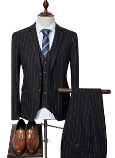 Striped 3 Piece Single Breasted Tailored Fit Men's Casual Suit 