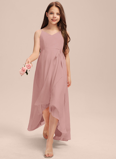 A-linja v-kaula epäsymmetrinen sifonki nuorten morsiusneito mekko jossa laskeutuva röyhelö 