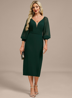 Sheath/Column V-Neck Tea-Length Chiffon Evening Dress With Pleated 