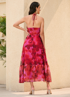 Firkantet utringning Ermeløs Ferie A-line kjole Chiffong Midi Motekjoler 