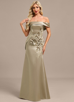 Sheath/Column Off the Shoulder Detachable Floor-Length Satin Evening Dress With Beading Overskirt 3D Floral Sequins Appliques Lace 