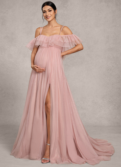A-line Off the Shoulder Sweep Train Tulle Maternity Dresses With Ruffle 