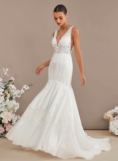 Trumpet/Mermaid V-Neck Court Train Organza Satin Lace Wedding Dress With Sequins 