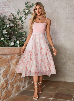 Ruffle Floral Print Square A-line Chiffon Stretch Crepe Midi Dress 