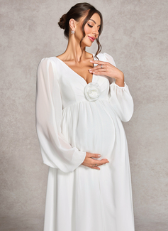 A-line V-Neck Floor-Length Chiffon Maternity Dresses With Pleated 3D Floral 