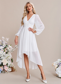 A-line V-Neck Tea-Length Asymmetrical Lace Chiffon Wedding Dress 