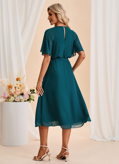 Scoop Short Sleeve A-line Chiffon Midi Dress 