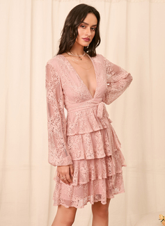 V-hals Lange ermer Elegant A-line kjole Blonder Mini Motekjoler 