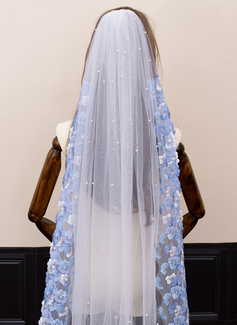 Pearl Floral Lace Edge Single Tier Tulle Bridal Cathedral Length Wedding Veils 