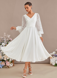 A-line V-Neck Tea-Length Stretch Crepe Wedding Dress With Sequins 