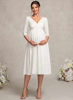 A-line V-Neck Knee-Length Jersey Maternity Dresses With Bow Pleated 