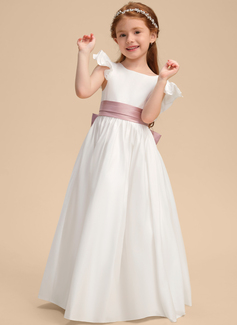 A-line Scoop Floor-Length Lining 100% Cotton Satin Flower Girl Dress With Bow 