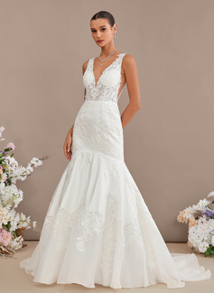 Trumpet/Mermaid V-Neck Court Train Organza Satin Lace Wedding Dress With Sequins 