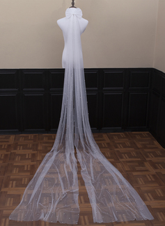 Pearl Bow Cut Edge Single Tier Tulle Bridal Cathedral Length Wedding Veils 