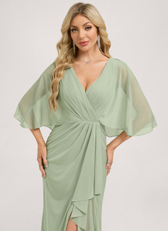 Trumpet/Mermaid V-Neck Floor-Length Mesh Bridesmaid Dress With Cape Ruffle 