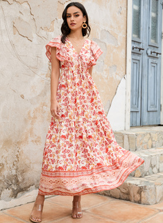 V-hals Kortermer Ferie A-line kjole Polyester Midi Motekjoler 