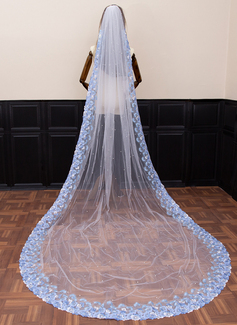 Pearl Floral Lace Edge Single Tier Tulle Bridal Cathedral Length Wedding Veils 