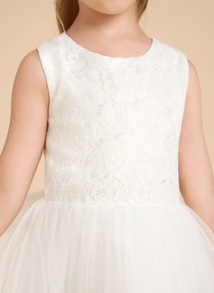 Prinzessin Rundhals Knielang Spitze Satin Tüll Blumenmädchenkleid mit Schleife 