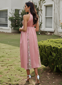 A-line Halter Tea-Length Maternity Dresses With Lace Pleated 